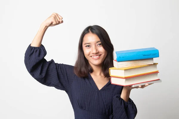 Junge Asiatische Frau Studiert Mit Mai Bücher Auf Weißem Hintergrund — Stockfoto