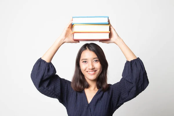 Junge Asiatische Frau Studiert Mit Mai Bücher Auf Weißem Hintergrund — Stockfoto