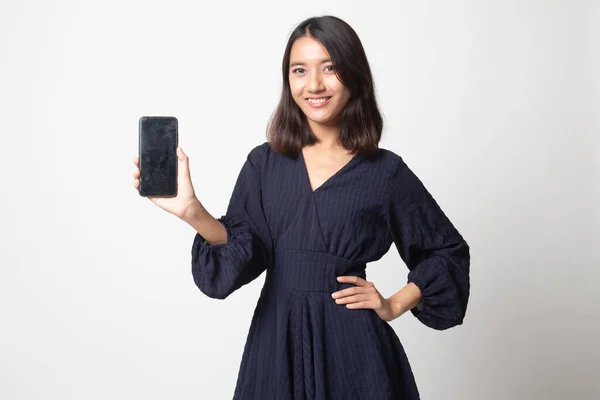 Joven Mujer Asiática Con Teléfono Móvil Sobre Fondo Blanco —  Fotos de Stock