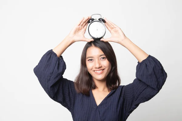 Joven Mujer Asiática Con Reloj Sobre Fondo Blanco —  Fotos de Stock