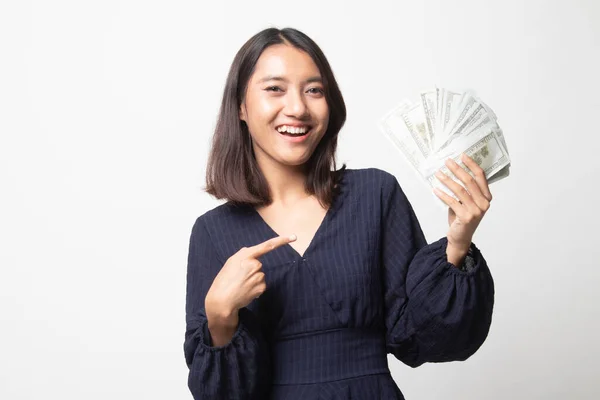 Retrato Una Joven Asiática Mostrando Montón Billetes Dinero Sobre Fondo —  Fotos de Stock