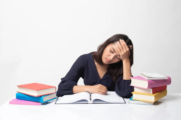 Exhausted Young Asian Woman Read Book Books Table White Background — Stock Photo, Image