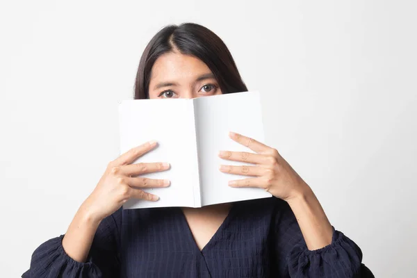 Young Asian Woman Book Cover Her Face White Background — Stock Photo, Image