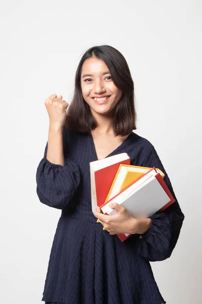 Junge Asiatische Frau Studiert Mit Mai Bücher Auf Weißem Hintergrund — Stockfoto