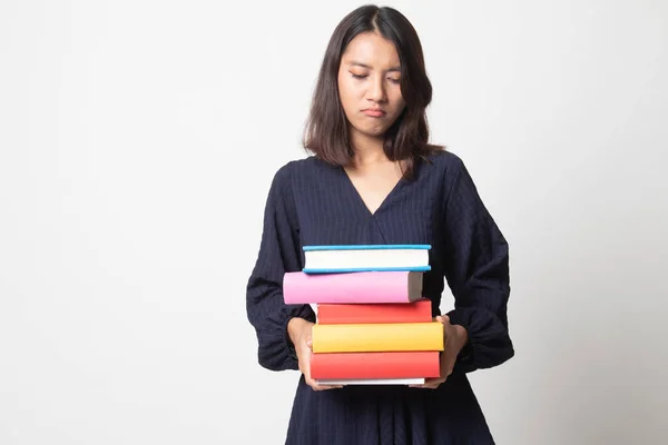 Unhappy Young Asian Woman Studying May Books White Background — Stock Photo, Image