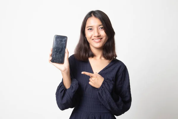 Joven Mujer Asiática Apuntan Teléfono Móvil Sobre Fondo Blanco —  Fotos de Stock