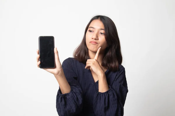 Молодая Азиатка Мобильным Телефоном Белом Фоне — стоковое фото