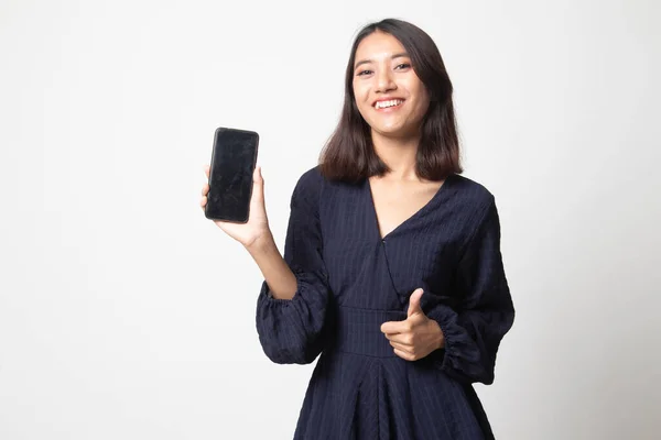 Jeune Femme Asiatique Montrer Pouce Vers Haut Avec Téléphone Mobile — Photo