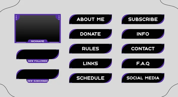 Twitch set of modern black-purple gaming panels and overlays for live streamers. Design alerts and buttons. 16:9 and 4:3 screen resolution.  Twitch panels and buttons. Twitchoverlays for live streamers.