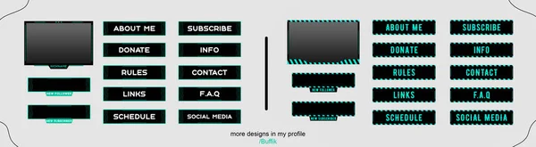 Twitch sets of modern black-green gaming panels and overlays for live streamers. Design alerts and buttons for Twitch. 16:9 and 4:3 screen resolution. Twitch panels and buttons. Two designs for stream