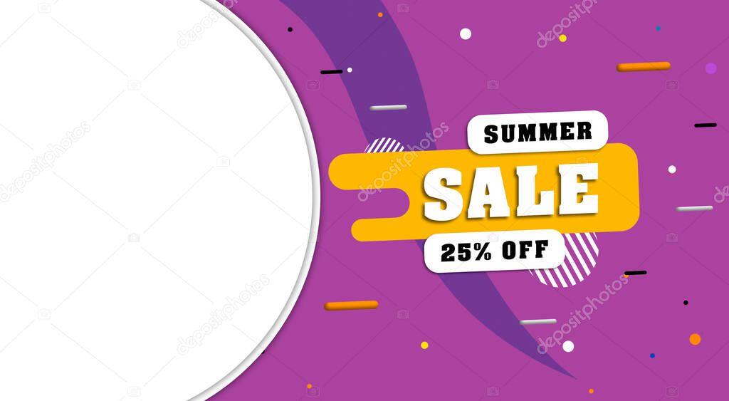 Modern summer sale banner design with geometric shapes. Lines and dots on purple background.