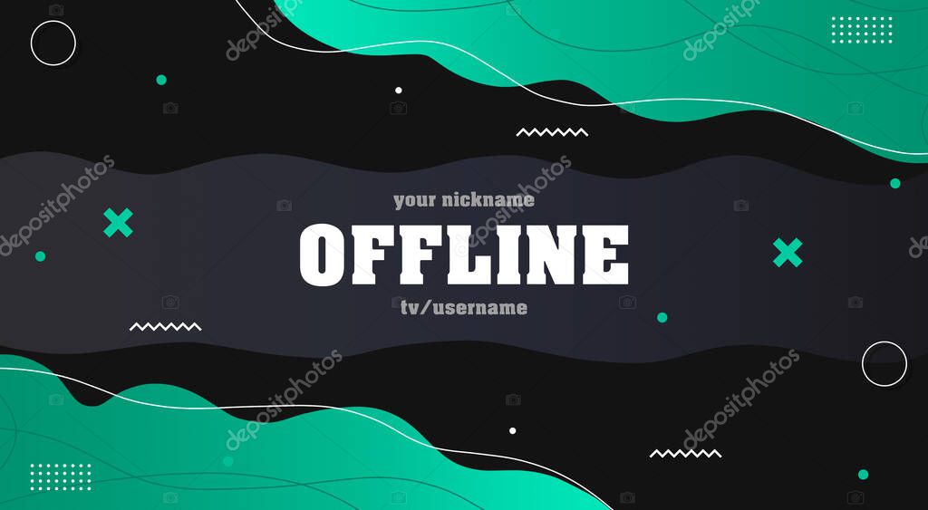 Twitch modern offline hud screen banner 16:9 for stream. Offline green-gray wave background. Streaming offline screen. Twitch screensaver for offline streamer broadcast.
