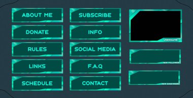 Canlı flamalar için modern yeşil oyun panellerini ve kaplamalarını işaretle. Yayın için dizayn uyarıları ve düğmeler. 16: 9 ve 4: 3 ekran çözünürlüğü. Seğirme için yeşil paneller ve düğmeler