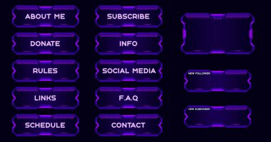 Canlı flamalar için modern mor oyun panellerini ve kaplamaları işaretle. Yayın için dizayn uyarıları ve düğmeler. 16: 9 ve 4: 3 ekran çözünürlüğü. Seğirme ağı için akış panelleri ve düğmeleri