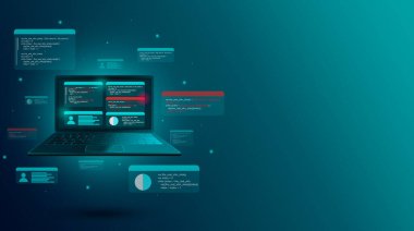 Yazılım geliştirme, web kodlama ve programlama. Kullanıcı profili için bilgi kaynakları oluşturuluyor. Bir dizüstü bilgisayarda dijital yazılım yaratmak. Program kodunu test ediyorum. İniş sayfası pankartı.