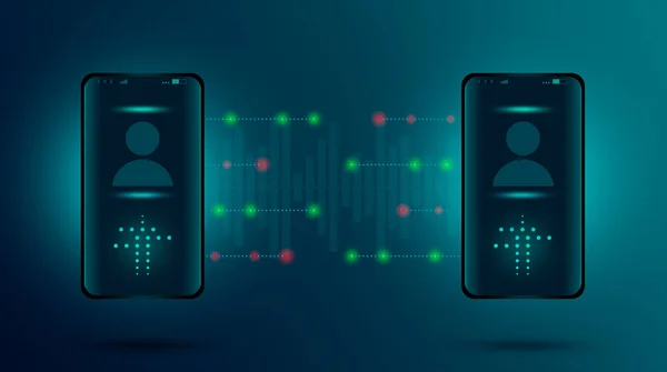通过安全线路实现两台智能手机之间的技术电话通信 安全和保护非接触式支付或通过移动电话 数字数据安全和安保技术 — 图库照片