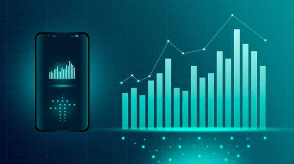 Teknolojik ağda holografik grafikleri olan teknoloji telefonu. Borsa, diyagramlı ekonomik grafik, iş ve mali kavramlar ve raporlar, soyut teknoloji
