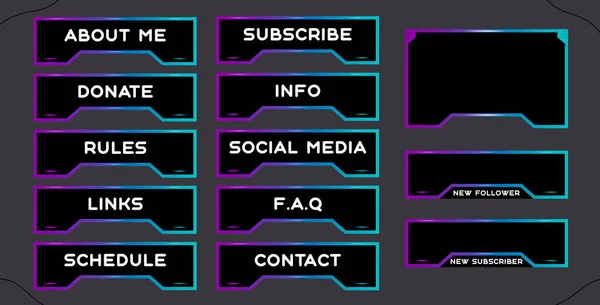 Twitch set of modern pink-blue gaming panels and overlays for live streamers. Design alerts and buttons for streaming. 16:9 and 4:3 screen resolution. Stream panels and buttons for twitch