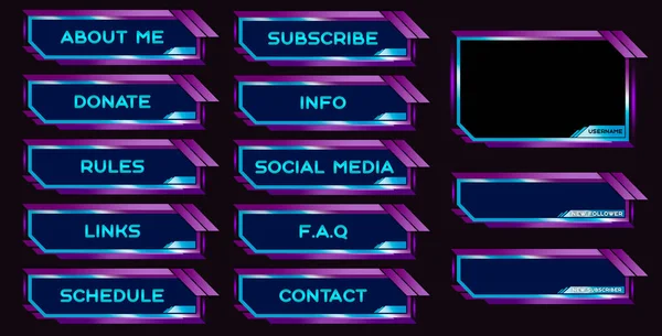 Twitch set of modern pink-blue gaming panels and overlays for live streamers. Design alerts and buttons for streaming. 16:9 and 4:3 screen resolution. Stream panels and buttons for twitch web