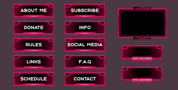 Twitch set of modern pink gaming panels and overlays for live streamers. Design alerts and buttons for streaming. 16:9 and 4:3 screen resolution. Stream panels and buttons twitch