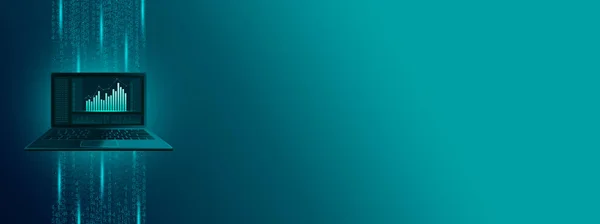 Borsa finansal tablosu. Bir dizüstü bilgisayarda ticaret çizelgesi. Bilgisayarla çevrimiçi ticaret. Bulut depolama ile iş verilerinin çevrimiçi senkronizasyonu. İniş sayfası pankartı.