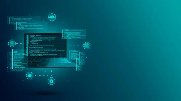 Web geliştirme, bir sitenin ya da uygulamanın kodlanması ve programlanması. Dijital laptop yazılımı. Dizüstü bilgisayardaki program kodu. Yazılım geliştirme, dizüstü bilgisayarda web kodlaması. İniş sayfası pankartı. 