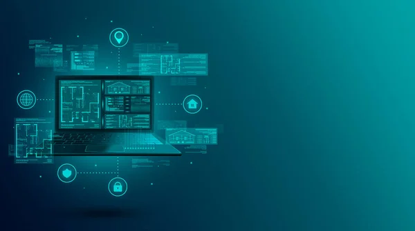 Akıllı ev web geliştirme ve planların tasarımı. Bir dizüstü bilgisayarda dijital çizim oluştur. Binanın dijital planının geliştirilmesi. Akıllı ev konsepti. İniş sayfası pankartı. 