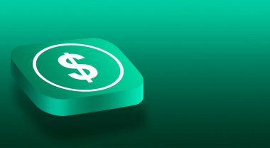 Dolar simgesi olan 3D düğme. Bir dolarlık para. Para birimi simgesi. Üç boyutlu para birimi simgesi. Hacim platformundaki simgeler. İş simgeleri.