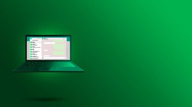 Dizüstü bilgisayar dizayn şablonundaki WhatsApp arayüzü. What SApp arayüzü. İletişim için uygulama sosyal ağı. Sosyal ortam simgesi, arayüz.