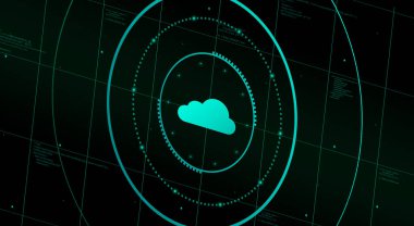 Teknoloji ekranında ikon bulut var. Bulut servisi. Platformda verileri olan bir bulut. Simgeler ayarlandı. Hava durumu. Verili sistem bulutu.