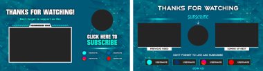 Mavi desenli ve mavi çizgili Youtube End Ekranı. Youtube Video Şablonu, arkaplan, Outro Kart, son ekran, pankart, kanal. Sosyal medya tasarımı.