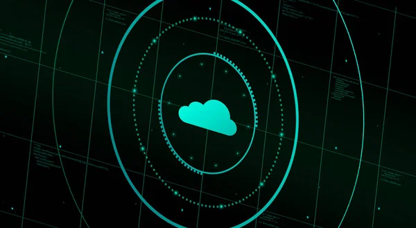 技术屏幕上的图标云 云端服务平台上有数据的云 图标设置 带有数据的系统云 — 图库照片