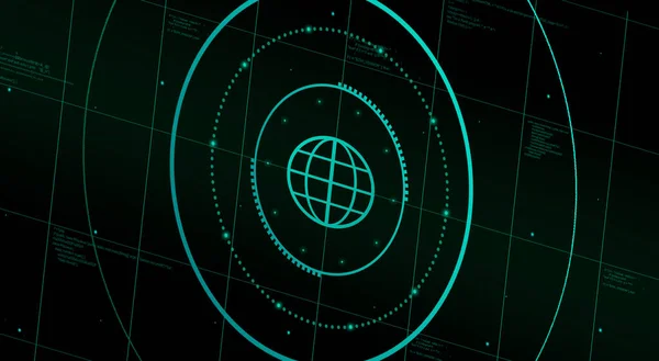 在技术屏幕上的图标行星 云端服务网络行星在平台上 图标集 — 图库照片