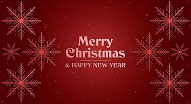 Kırmızı arka planda kırmızı kar taneleri olan mutlu Noel afişleri. Mutlu yıllar. İyi tatiller. Noel posterleri, kartpostallar, kartpostallar. 3B görüntüleme
