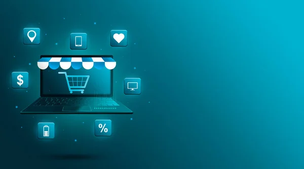 Laptop 3D 'deki online dükkan. İnternetten sosyal medya alışverişi. İnternet sitesinden ya da laptop başvurusu konseptinden alışveriş yapmak. Pazarlama ve dijital pazarlama. Mavi arka plan. 3d hazırlayıcı