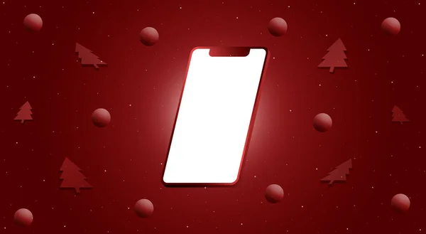 Boş ekranlı, kırmızı toplu ve ağaçlı bir telefon. Mokup jenerik cihaz. Boş ekranlı akıllı telefon çerçevesi. Teknoloji aletleri. 3d hazırlayıcı