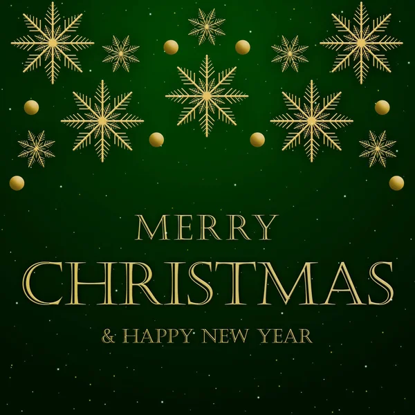 Merry Christmas banner with a golden snowflakes and christmas balls on green background. Happy new year. Happy holidays. Christmas posters, postcards, cards. 3d render