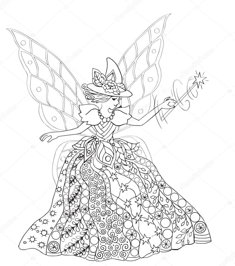 Fairy casts a spell. Coloring book.Illustration to a fairy tale