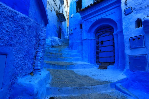 Paredes Rua Azuis Cidade Popular Marrocos Chefchaouen Detalhes Arquitetônicos Marroquinos Fotos De Bancos De Imagens