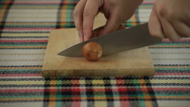 Cortar Salchicha Tradicional Búlgara Con Hierbas Especias Llamadas Nadenitsa — Vídeo de stock