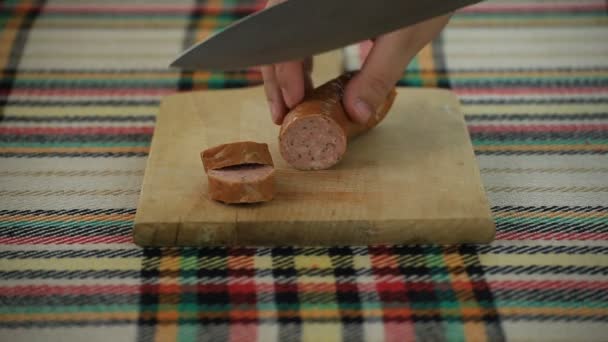 Cutting Traditional Bulgarian Sausage Herbs Spices Called Nadenitsa — Stock Video