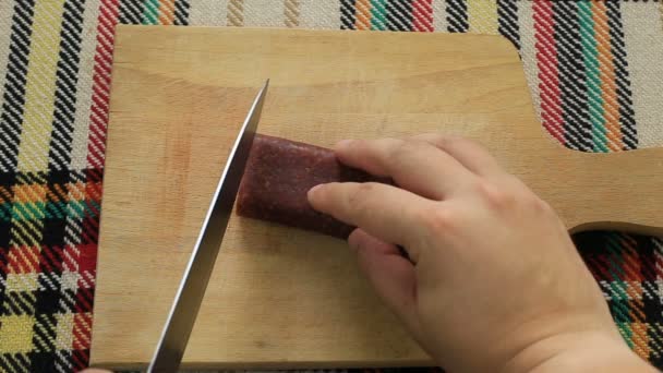 Cutting Traditional Bulgarian Flat Sausage Called Lukanka First Person Point — Stock Video