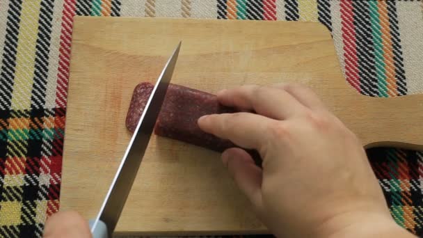 Cutting Traditional Bulgarian Flat Sausage Called Lukanka First Person Point — Stock Video