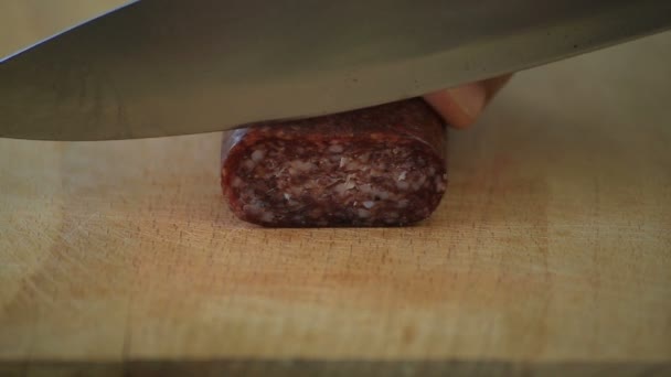 Cloesup Cutting Traditional Bulgarian Flat Sausage Called Lukanka — Stock Video