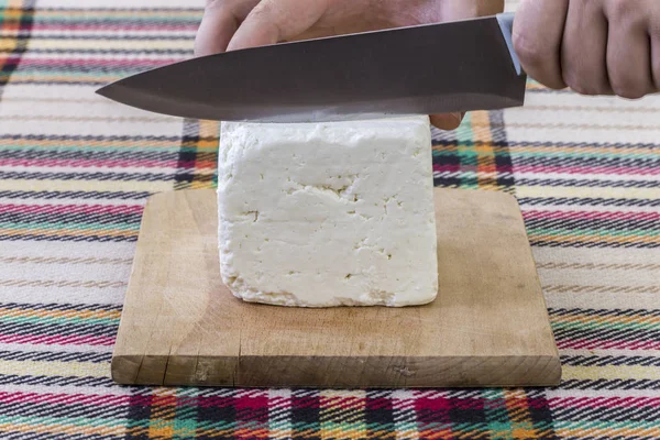 Cutting Traditional Bulgarian Salty White Cheese Knife First Person Point — Stock Photo, Image