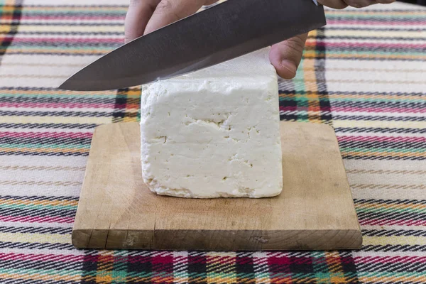 Cutting Traditional Bulgarian Salty White Cheese Knife First Person Point — Stock Photo, Image