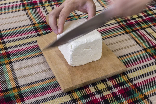 Cutting Traditional Bulgarian Salty White Cheese Knife First Person Point — Stock Photo, Image