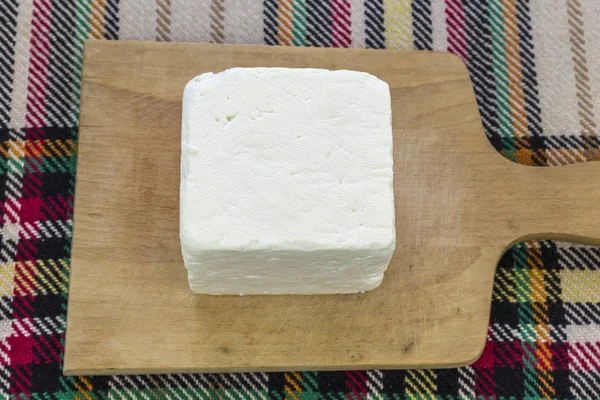 Cutting Traditional Bulgarian Salty White Cheese Knife First Person Point — Stock Photo, Image