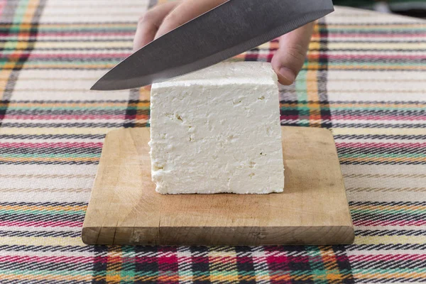 Cutting Traditional Bulgarian Salty White Cheese Knife First Person Point — Stock Photo, Image