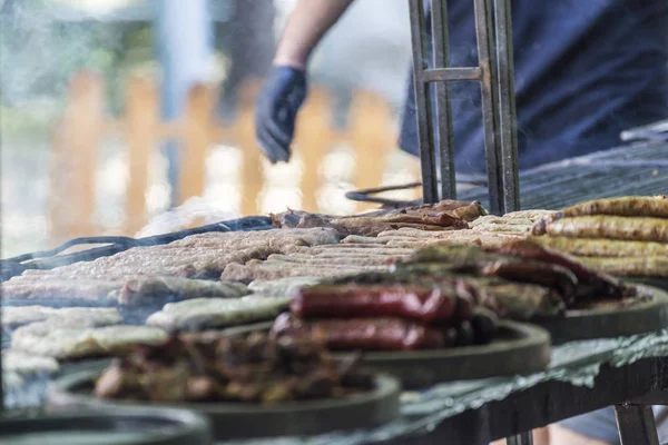 Muchas Carnes Embutidos Barbacoa Diferentes Una Parrilla —  Fotos de Stock